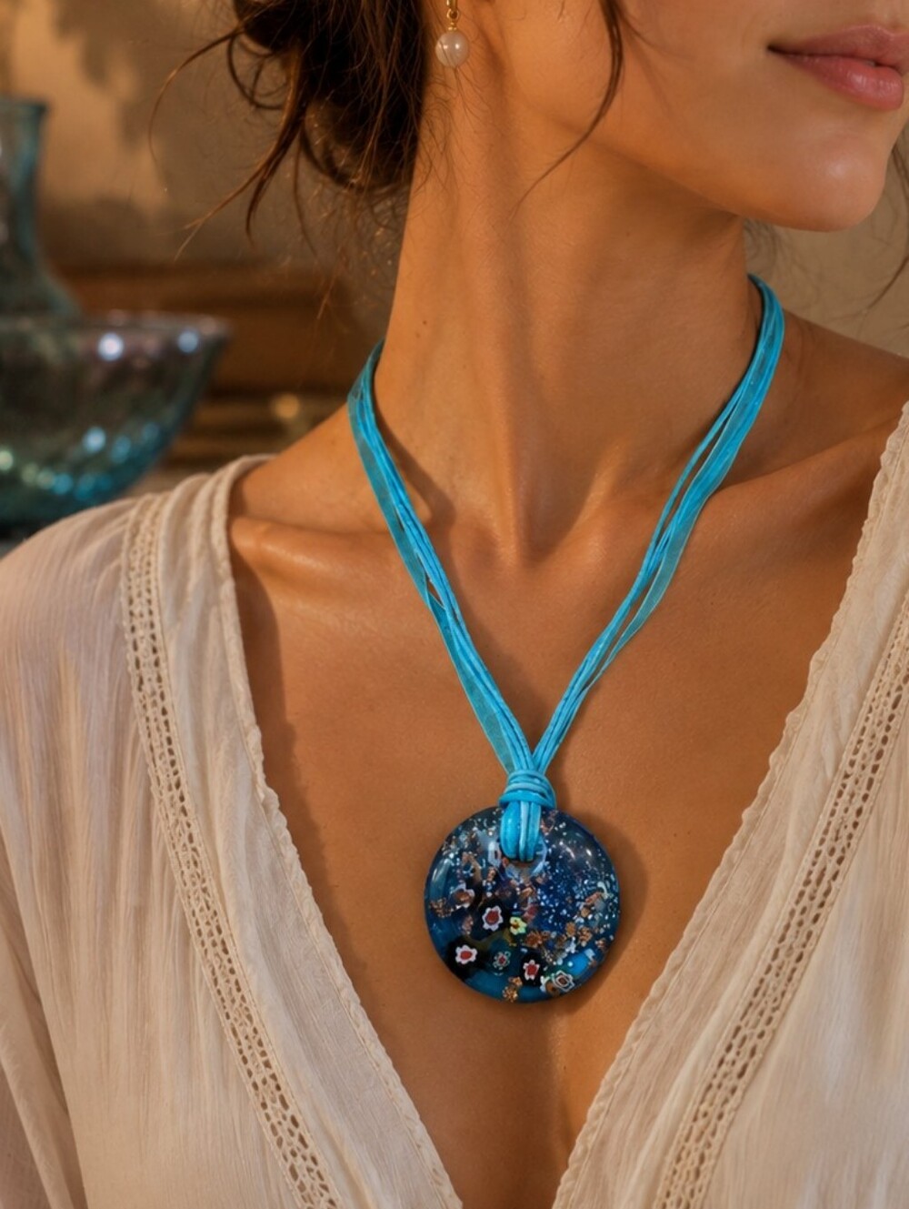 Vintage Blue Millefiori-Style Art Glass Pendant Necklace